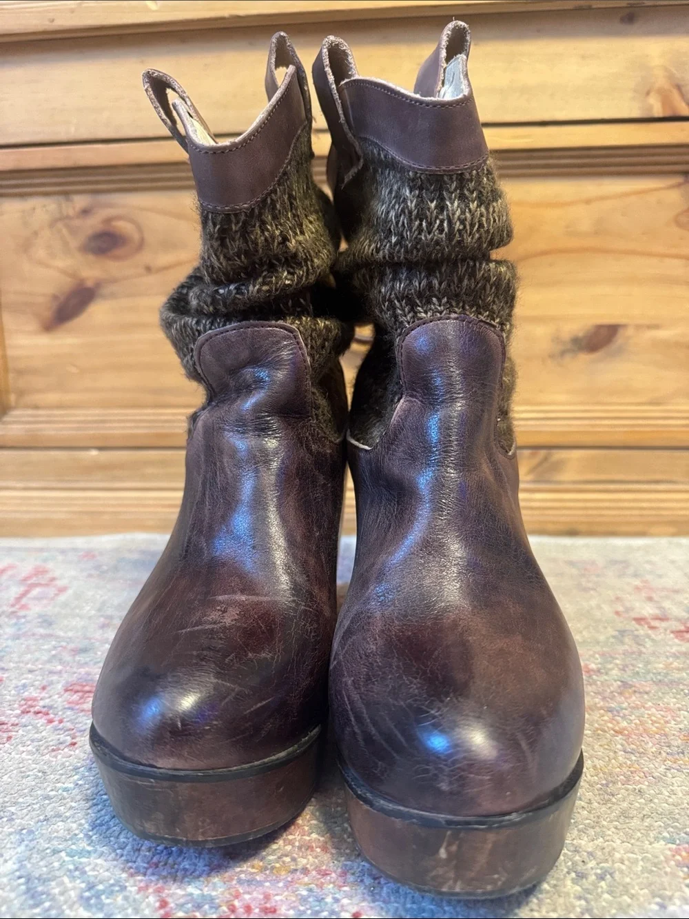 Bed Stu Bruges Wooden Wedge Slouch Rouge Knit Leather Distress Brown Boots